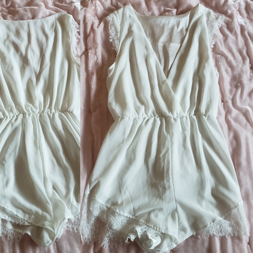 White lace trim romper